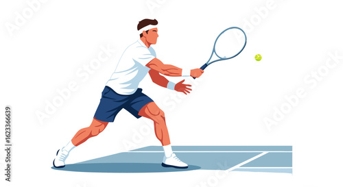 Dynamic tennis player hitting ball with focused determination and powerful physique demonstrating athleticism and competitive spirit on the court