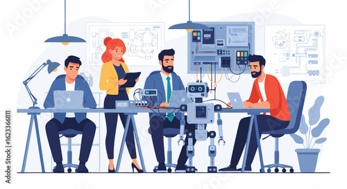 Engineering team collaborating with a robot on technology advancement and product development for future innovation and progress in the lab