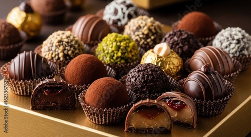 Assorted chocolate truffles in gold box