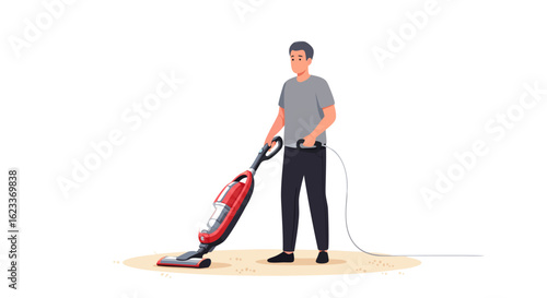 Man Cleaning Floor with Upright Vacuum Cleaner, Maintaining a Spotless and Healthy Home Environment