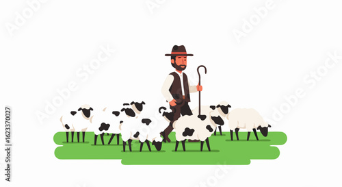 An illustration of a shepherd guiding his flock of sheep across a verdant meadow under a clear sunny sky using a simple and clean flat design concept