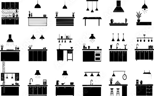 Modern flat black kitchen icons depicting versatile designs for various countertop and lighting styles
