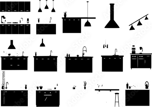 Modern flat black kitchen icons depicting versatile designs for various countertop and lighting styles
