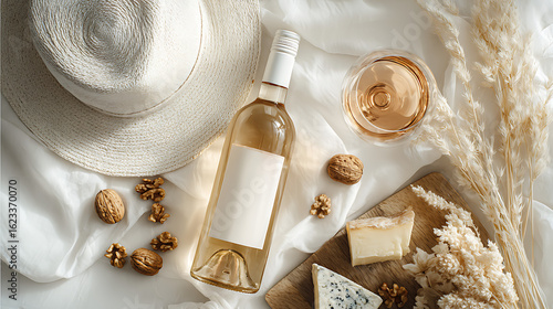Elegant monochrome flat lay featuring wine cheese and decorative elements wine bottle wine glass