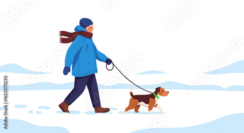 Elderly man enjoying a winter walk with his dog in a snowy landscape creating a serene scene of companionship and outdoor recreation in cold weather