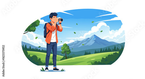 Young photographer capturing the stunning mountain scenery, with a peaceful landscape backdrop and a sense of adventure and passion for photography