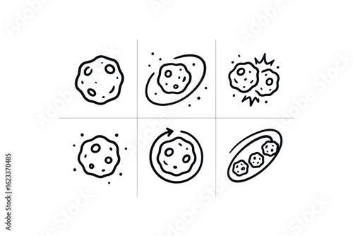 hand drawn cute doodle style line isolated on white background asteroid belt (symbols): rock icon orbit line space dot collision path rotation arrow belt ring