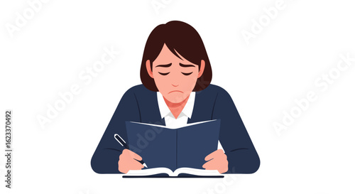 A businesswoman overwhelmed with work is writing in her notebook while reflecting deeply, conveying feelings of discouragement and contemplation