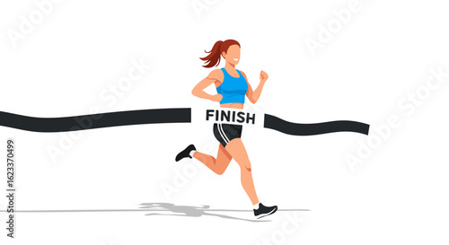 Female Runner Achieving Victory Crossing the Finish Line in a Marathon Race Success Achieving Goals and Breaking the Finishing Tape Representing