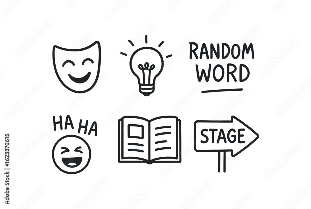 Fototapeta premium hand drawn cute doodle style line isolated on white background improvisational theater (symbols): comedy mask lightbulb random word laughter icon open script stage arrow