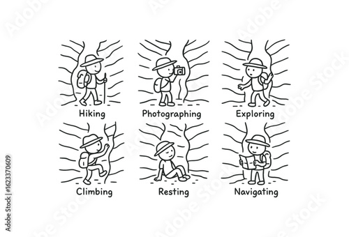 hand drawn cute doodle style line isolated on white background slot canyon (activities): hiking photographing exploring climbing resting navigating