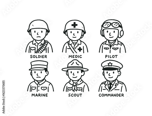 hand drawn cute doodle style line isolated on white background war veteran (roles): soldier medic pilot marine scout commander