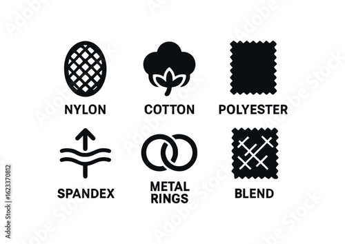 flat black solid icon items isolated on white background clothing mesh (materials): nylon cotton polyester spandex metal rings blend