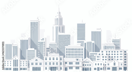 Monochromatic Urban Panorama: A Detailed Skyline Depiction in Muted Hues