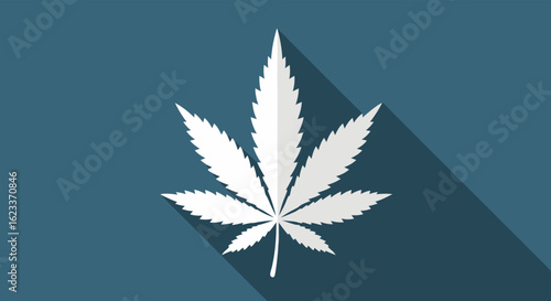 Minimalist stylized depiction of a cannabis leaf set against a deep teal background for modern designs and creative projects