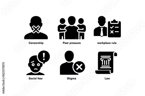 flat black solid icon items isolated on white background self expression limits (scenarios): censorship peer pressure workplace rule social fear stigma legal code