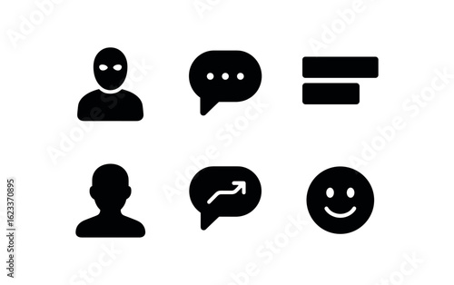 flat black solid icon items isolated on white background self expression limits (tools): anonymous post hidden comment redacted text neutral tone indirect phrase emoji use