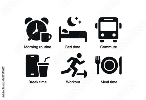 flat black solid icon items isolated on white background media consumption habit (contexts): morning routine bedtime commute break time workout meal time