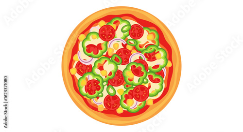 Delicious vegetarian pizza illustration featuring fresh tomatoes, peppers, onions, and corn offering a vibrant and appetizing visual perfect for