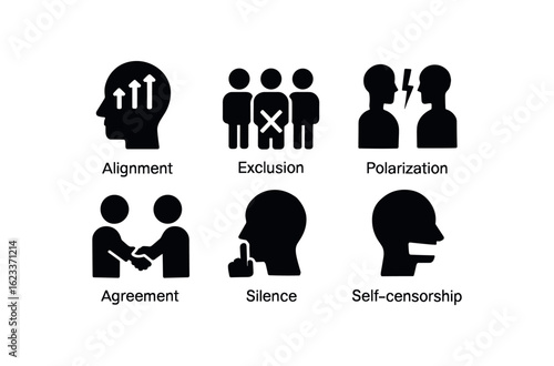 flat black solid icon items isolated on white background ideological screening (effects): alignment exclusion polarization agreement silence self censorship