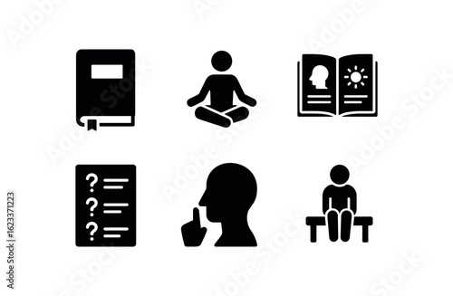 flat black solid icon items isolated on white background introspection (tools): diary meditation reflection guide question list silence alone time