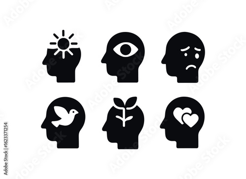 flat black solid icon items isolated on white background introspection (results): clarity insight regret peace growth emotional balance