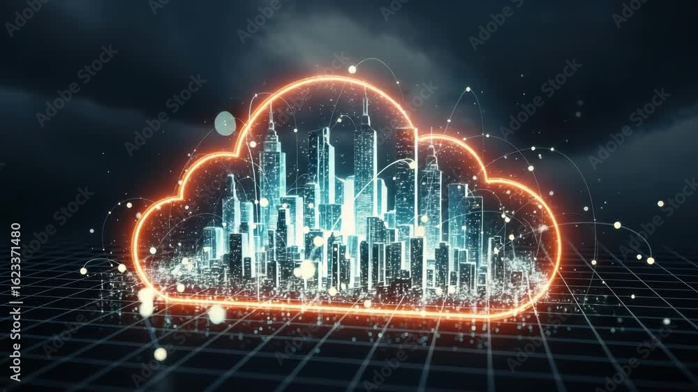 Futuristic city skyline emerging from a glowing cloud showcasing a digital landscape with a network of data points set against a dramatic stormy sky ideal for technology and innovation themes