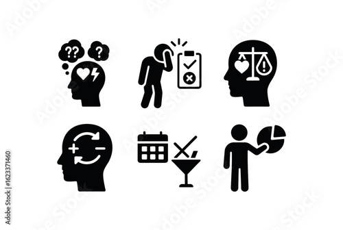 flat black solid icon items isolated on white background cognitive dissonance filter (examples): conflicting beliefs regret choice moral conflict attitude shift habit clash justification