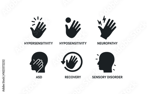flat black solid icon items isolated on white background tactile sensitivity (conditions): hypersensitivity hyposensitivity neuropathy ASD recovery sensory disorder