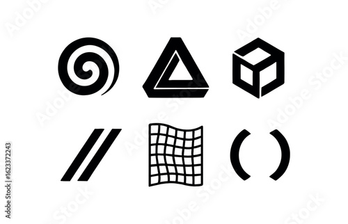 flat black solid icon items isolated on white background optical illusion (symbols): spiral impossible shape shifting cube doubling line warped grid mirrored arc