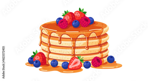 Delicious Stack of Pancakes with Fresh Berries and Dripping Syrup for Breakfast Delight