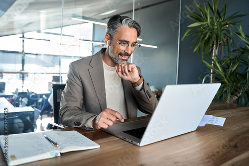 Fotografie Busy mature older professional executive making video conference call