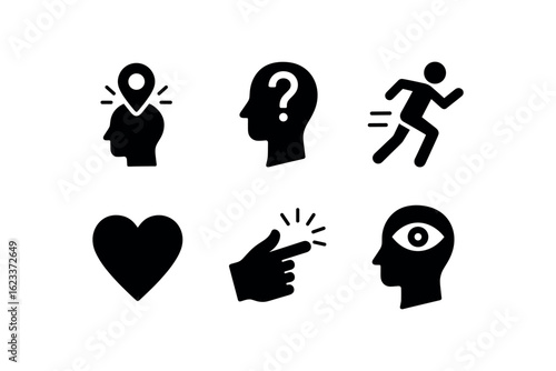 flat black solid icon items isolated on white background intuitive judgment (traits): instinct hunch speed emotion decisiveness perception