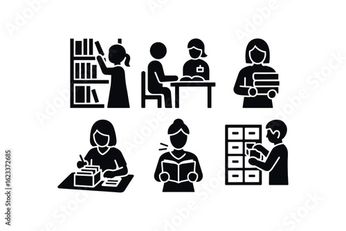 flat black solid icon items isolated on white background librarian (activities): shelving books assisting readers organizing cataloging reading aloud archive sorting