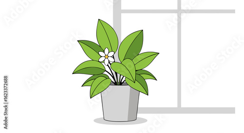 Charming potted plant with blooming flower near the window, adding vibrancy to any interior space through simple botanical illustration with modern