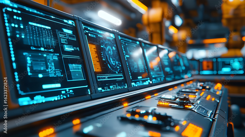 Naklejka premium Futuristic industrial control room with digital panels for technology and innovation concepts