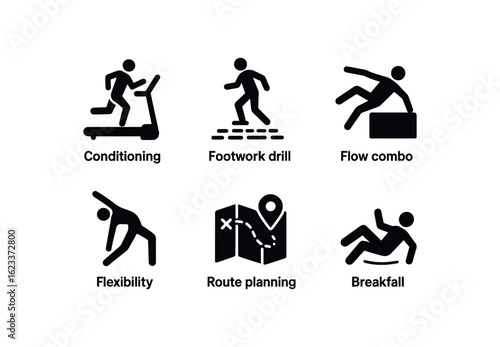 flat black solid icon items isolated on white background parkour (training): conditioning footwork drill flow combo flexibility route planning breakfall