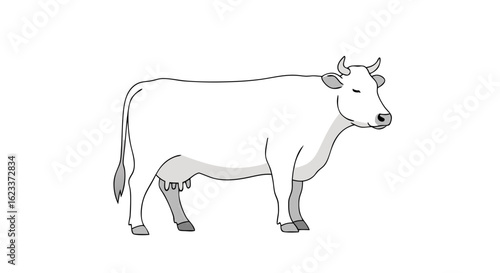 Serene bovine illustration, minimal black outline on white depicting rural countryside animal life in agricultural context ideal for educational and