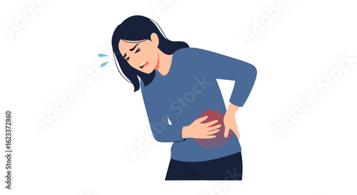 Sharp Abdominal Discomfort: Woman Illustrating Symptom of Intense Internal Pain and Backache with Hand Gesture indicating Affliction Pain