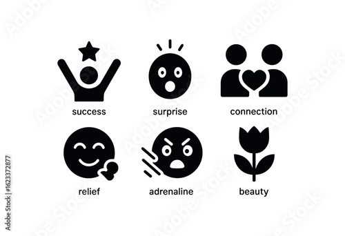 flat black solid icon items isolated on white background euphoria (triggers): success surprise connection relief adrenaline beauty