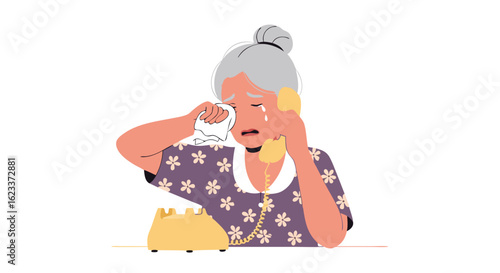 Elderly woman experiencing sorrowful news during a phone call, depicted through expressive weeping and emotional distress, conveying deep emotion