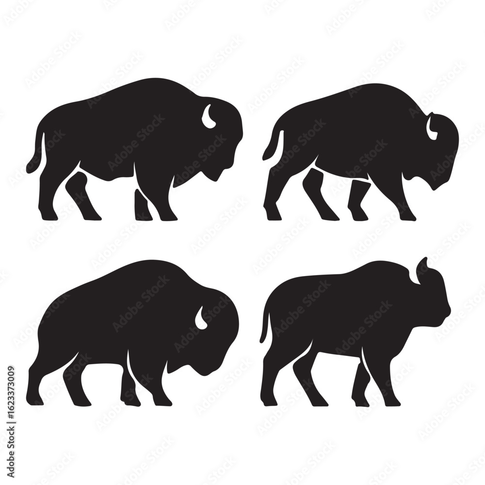 Fototapeta premium A set of American bison silhouette, black vector icon style, simple shape