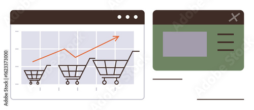 Shopping carts on a grid with an upward trend line indicating growth alongside a webpage interface. Ideal for e-commerce, analytics, business, sales, marketing, success, simple flat metaphor