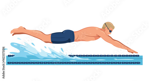 Dynamic swimmer in motion showcasing aquatic prowess and streamlined technique highlighting athleticism and competitive spirit in a simulated pool