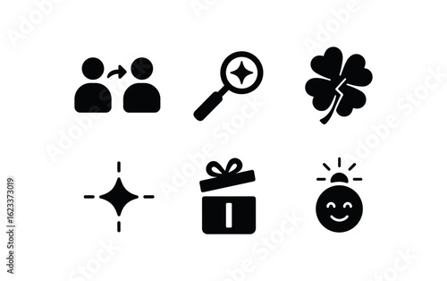 flat black solid icon items isolated on white background serendipity (moments): accidental meeting surprise discovery lucky break coincidence chance gift unexpected joy