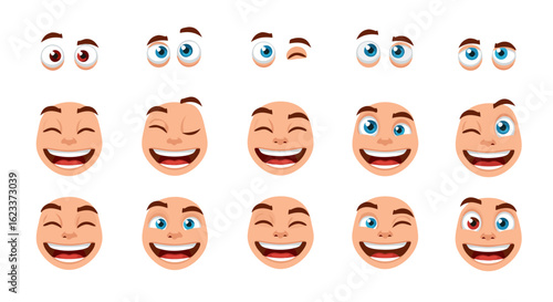 Collection of diverse cartoon face expressions showcasing a range of positive emotions and reactions