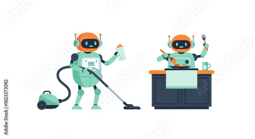 Domestic Robots: A Glimpse into the Automated Future of Housekeeping and Culinary Assistance rendered in minimalist digital artwork style