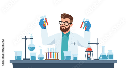 Scientist in the laboratory conducting experiments with scientific equipment and substances analyzing results for discoveries innovation and research