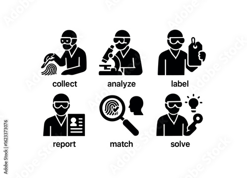 flat black solid icon items isolated on white background forensic scientist (process): collect analyze label report match solve