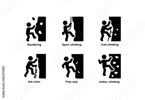 flat black solid icon items isolated on white background rock climbing (types): bouldering sport climbing trad climbing aid climbing free solo indoor climbing